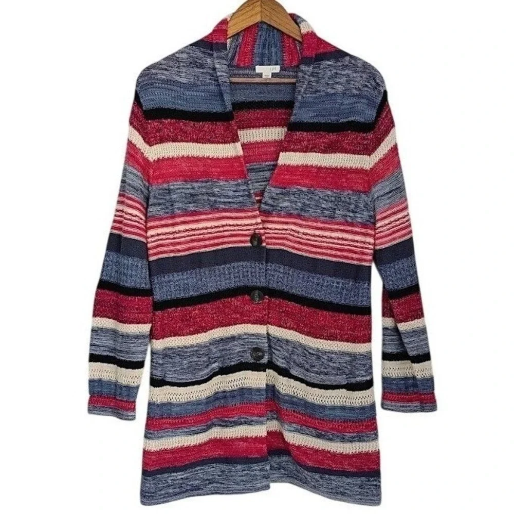 J. Jill Cotton Linen Southwestern‎ Striped Cardigan M Longline Cozy Rustic Boho